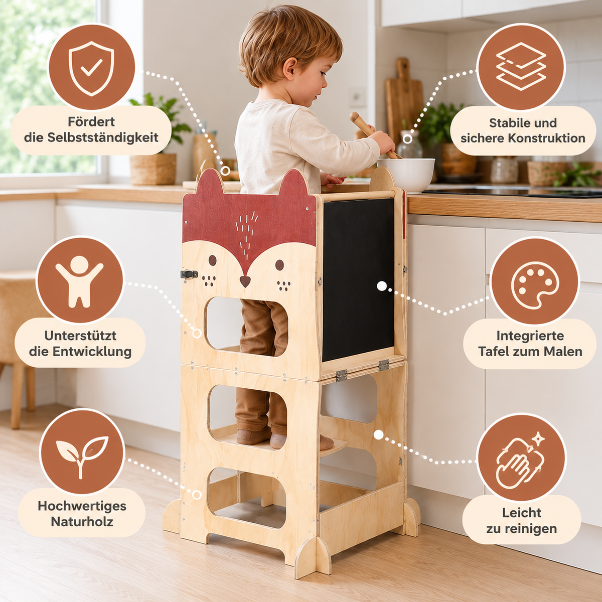 3-in-1 Montessori-Lernturm aus Holz