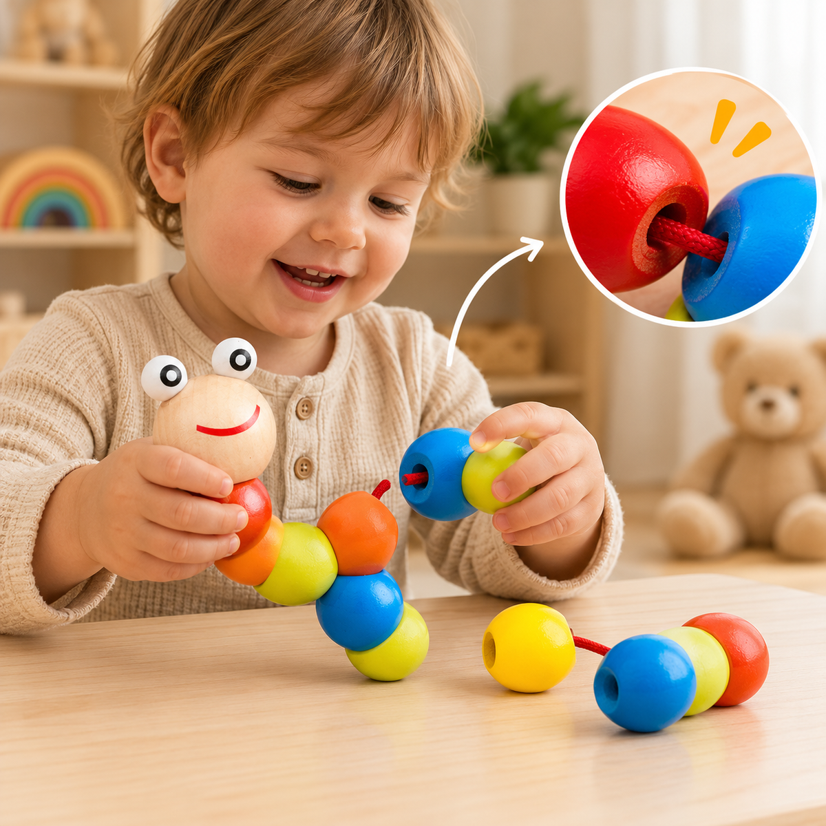Bunte Holz-Drehraupe für Kinder
