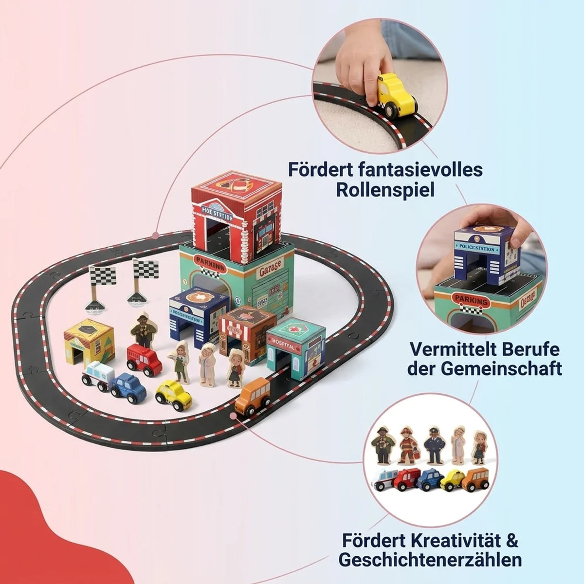 Holz-Fahrzeug-Bausteine-Set mit Straße