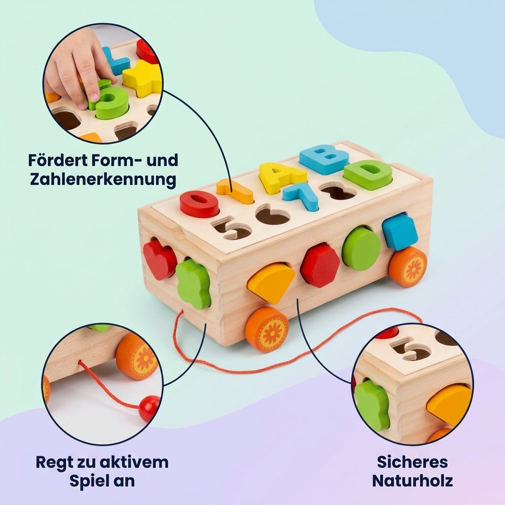 Holz-Formen-Sortier-Anhänger mit Bausteinen