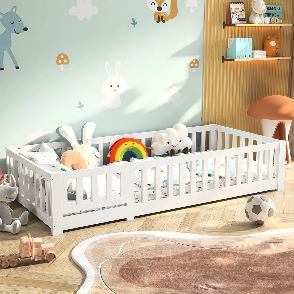 Montessori-Bodenbett aus Holz mit Rausfallschutz
