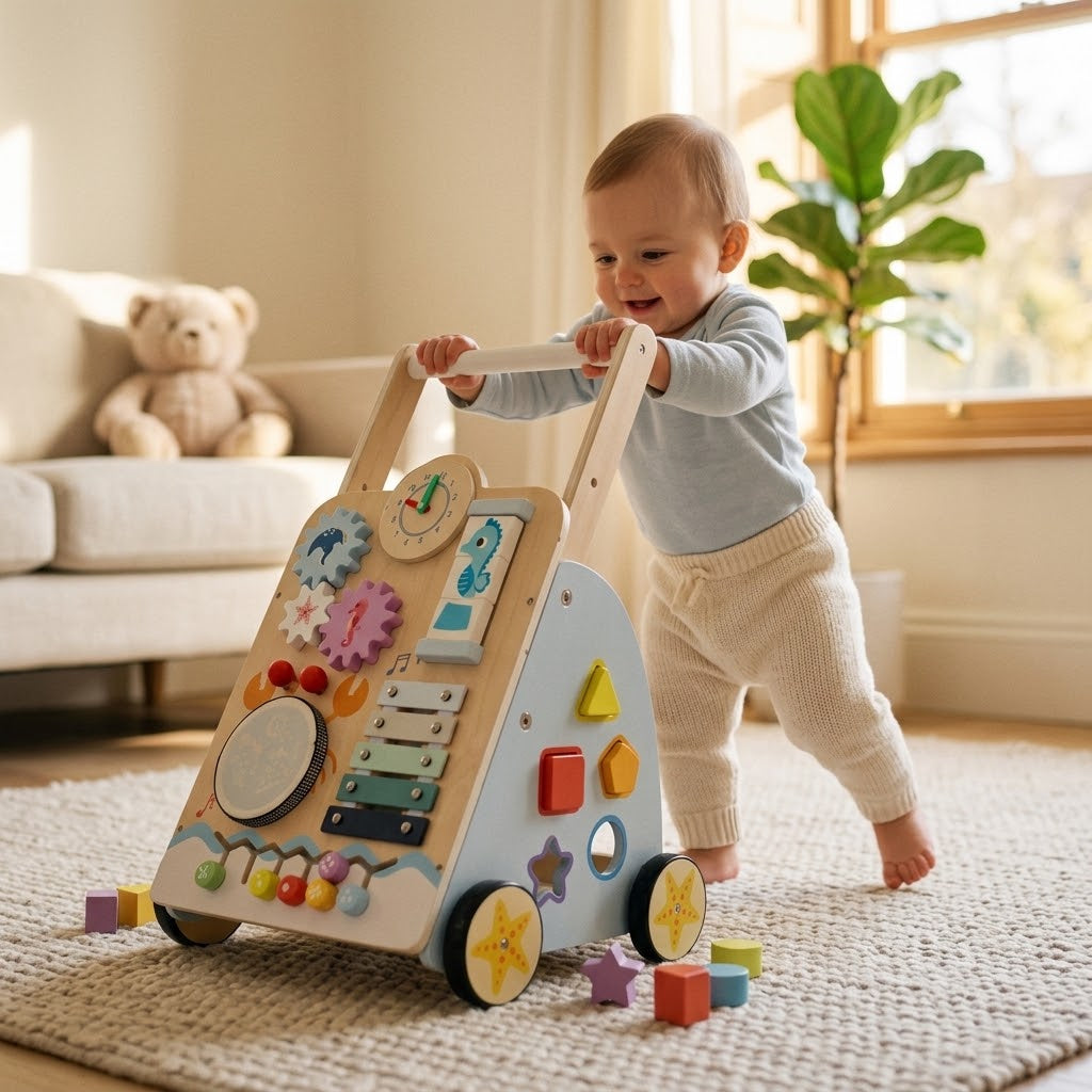 Multifunktionaler Holz-Lauflernwagen
